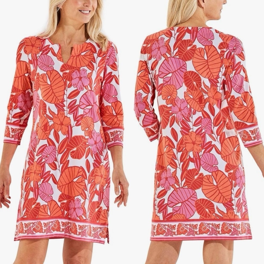 Coolibar UPF 50+ Oceanside Tunic Dress Sun‎ Protective Radiant Coral Casia Palm